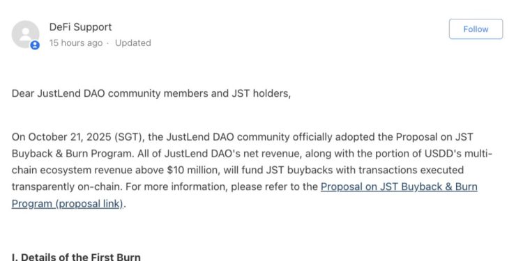 JustLend DAO Completes First JST Buyback and Burn, Ushering In a Revenue-Driven Deflation Cycle